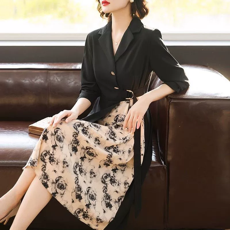 Платье-пэчворк с длинными рукавами для матери среднего возраста, новый стиль, стиль для среднего и пожилого возраста.