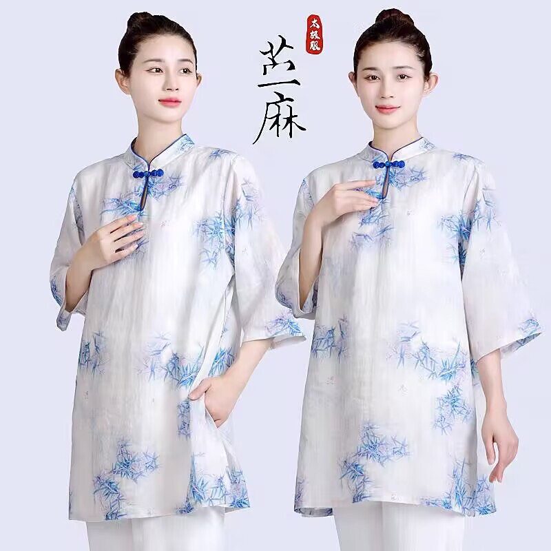 ハイエンド改良された新しい女性用ミッドスリーブ太極拳スーツ夏綿とリネンの薄い半袖ラミー太極拳練習スーツ中国風|undefined