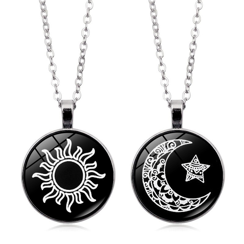 Cross-Border New Product 2025 Luminous Sun and Moon Lovers Time Gemstone Pendant Necklace Women's Jewelry Retro Sweater Chain Wholesale