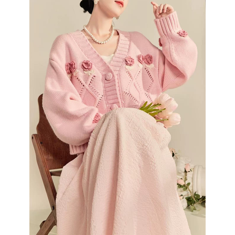 2025秋冬粉色毛衣外套女秋冬慵懒风高级感超好看小香风开衫上衣|undefined