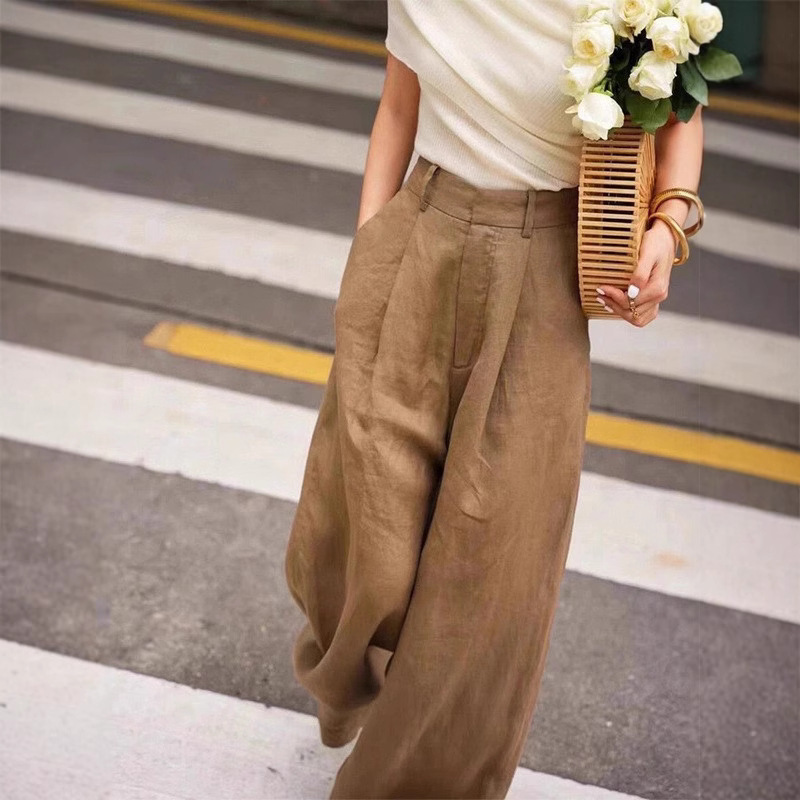 Highly Recommended! Brown Linen Wide-Leg Pants for Women, High-Waisted, Drapey, Casual Pants with a Stylish Design, Cotton-Linen Long Pants Highly Recommended! Brown Linen Wide-Leg Pants for Women, High-Waisted, Drapey, Casual Pants with a Stylish Design, Cotton-Linen Long Pants