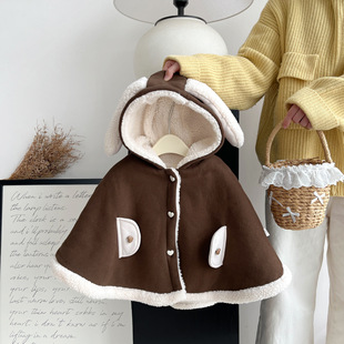 Winter Baby Cute Rabbit Ears fleece-lined Thickened Hooded Cloak Western Style Girl's Outgoing Warm Cloak Coat Trendy