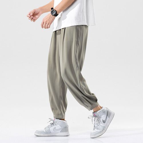 2025 summer men's loose Korean leg pants, fashionable Hong Kong style harem pants, light and light ice silk casual pants