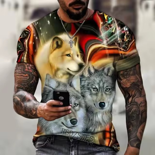 2024 moda casual suelto cuello redondo manga corta transpirable camiseta de hombre personalidad lobo malvado spot de impresión digital 3D