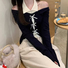 针织衫女秋季穿搭2025新款露肩上衣chic韩系设计感假两件毛衣外套