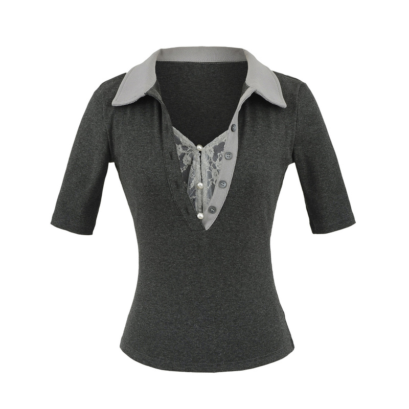 Korean Style Fake Two-Piece Lace Color-Blocked Polo Collar Waist-Length Short-Sleeved Women's Summer and Autumn High-Intelligence Work Clothing Siren Style Top