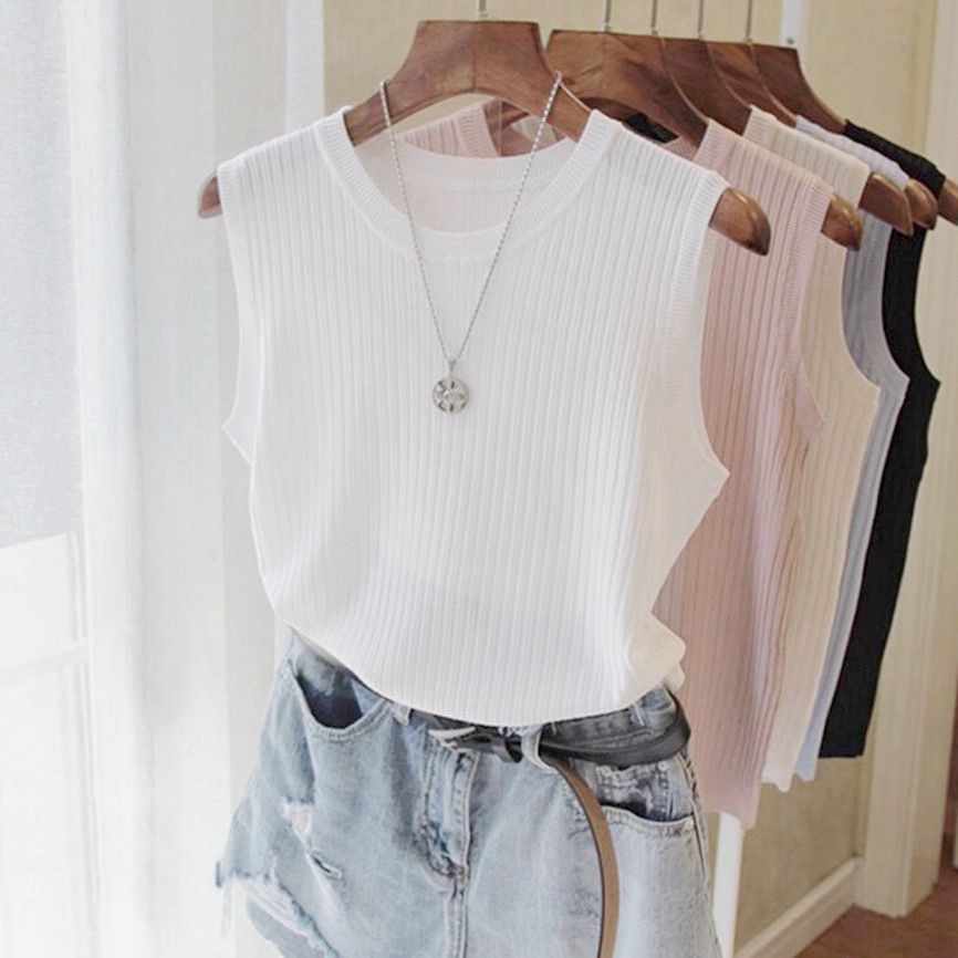 2025 Women's Vest Summer New Style Knitted Bottoming Outer Wear Loose Sleeveless Top Women's Round Neck Sling to Cover Belly