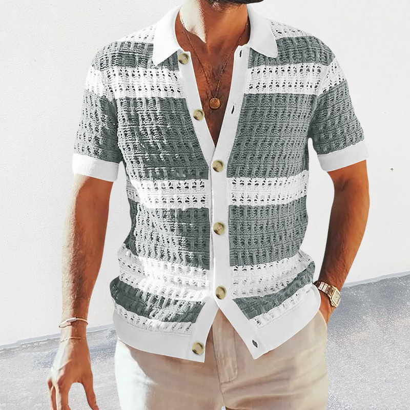 Men's Knit Shirt With Turn-down Collar And Color Block Design_voghion.com