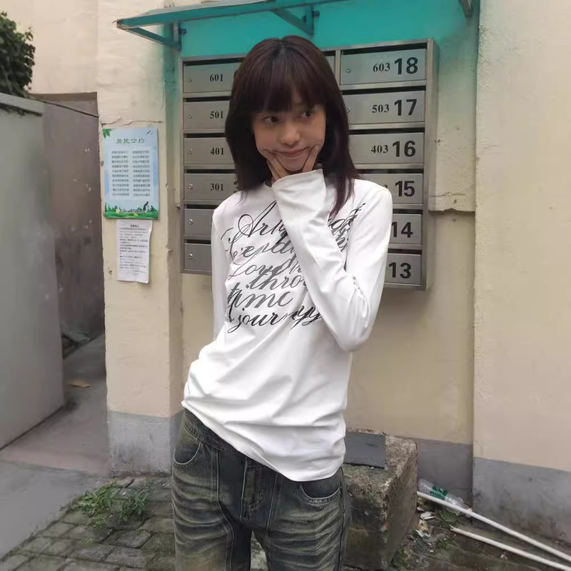 Spring and Autumn New Shoulder Crewneck Long-sleeved T-shirt Letter Printed Slim-fit Slimming Spice Girl Bottoming Top