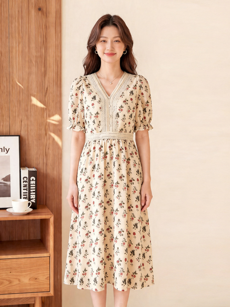 Đầm maxi nữ thắt eo tay ngắn cổ V in họa tiết dáng dài — màu be, màu trắng