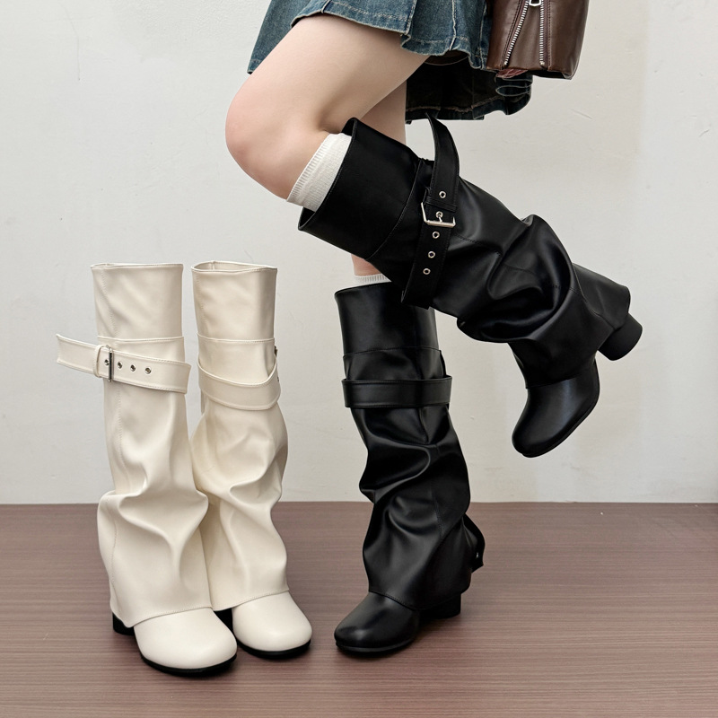 Women's 2026 Fall/Winter Round-Toe Belt Buckle Chunky Heel High-Tube Knight Boots, Niche Retro Over-the-Knee Long Boots