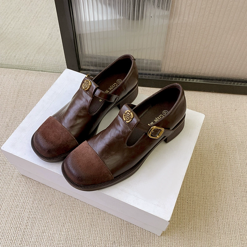 Кожаная версия весной новый ретро T-образная пряжка обувь Mary Jen женский коричневый рафу туфли на низком каблуке одиночные туфли маленькие кожаные туфли прилив