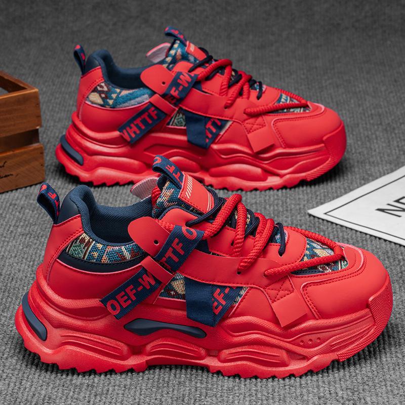 2026 New Men's Red Contrast Color Thick-Soled Sneakers with Ethnic Patterns, Personalized Street Style Dad Shoes