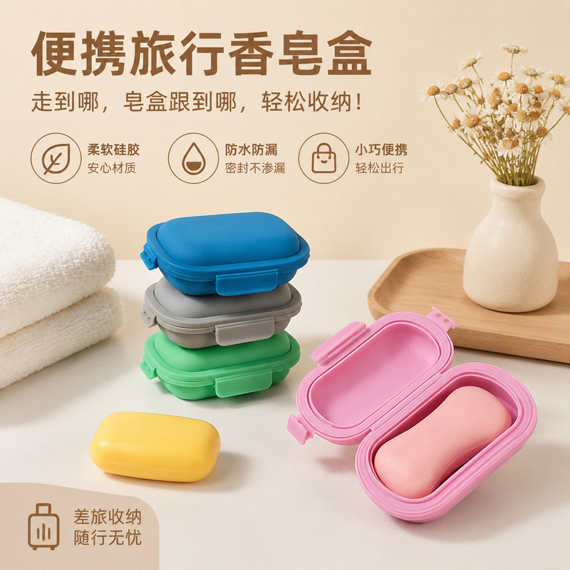 Silicone soap box with lid, portable, sealed, waterproof, suitable for travel, hotel, outdoor, and home use