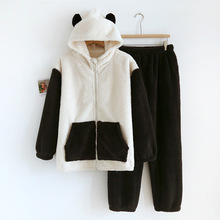 連帽珊瑚絨睡衣情侶冬季加厚加絨可愛熊貓法蘭絨拉鏈家居服套裝