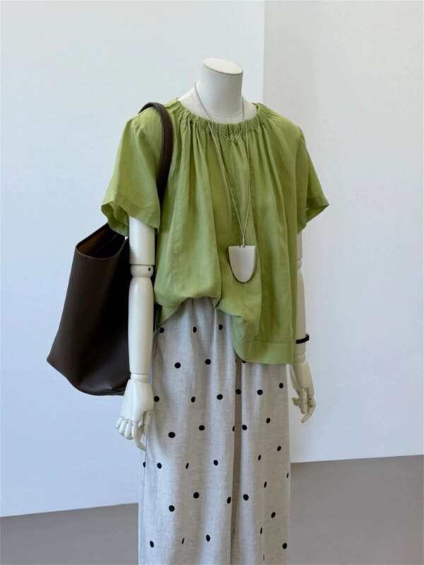 French-Style Cotton and Linen Green Short-Sleeve Shirt for Women, Summer 2026 New Model, Petite High-End Tea-Style Doll Shirt French-Style Cotton and Linen Green Short-Sleeve Shirt for Women, Summer 2026 New Model, Petite High-End Tea-Style Doll Shirt