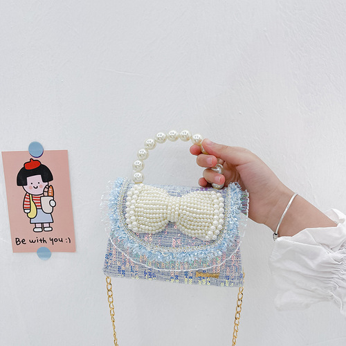 Children's butterfly bow accessory princess stylish pearl handbag Korean version mini chain coin shoulder bag crossbody bag