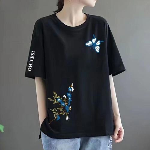 Women's Loose Fit Short Sleeve Round Neck Print T-Shirt - Mid-Age Mother's Casual Top, Ins Trendy Clearance Find