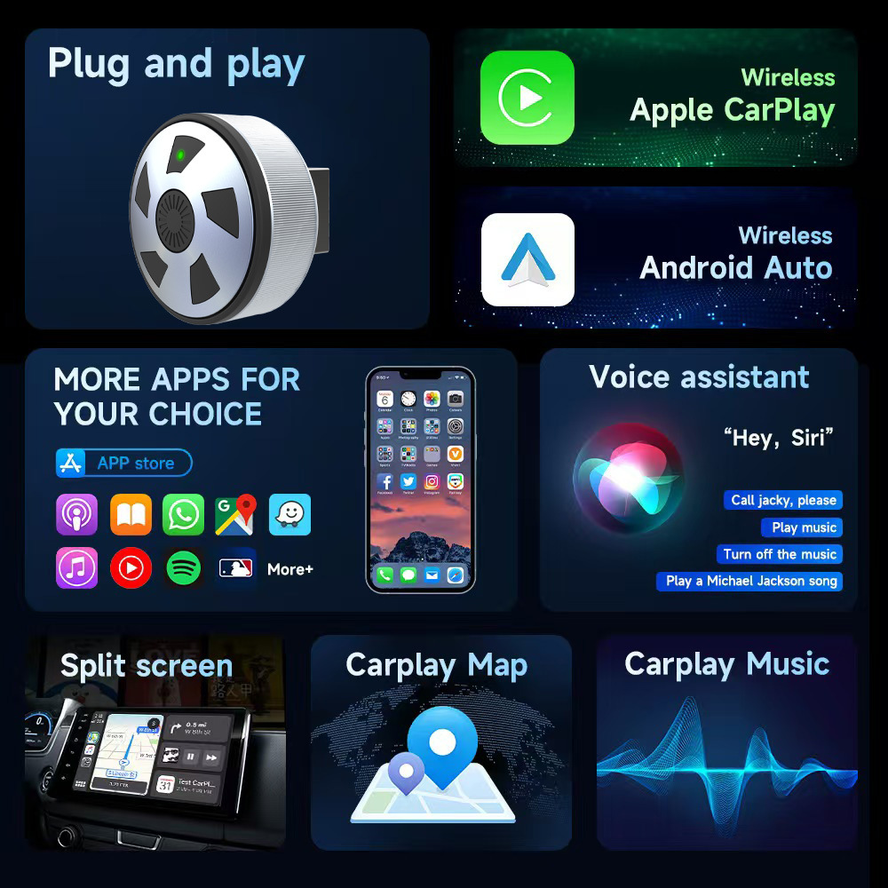 New Carplay Box with Wheel-Style Design, Wired to Wireless Android Auto Two-In-One Wireless Adapter