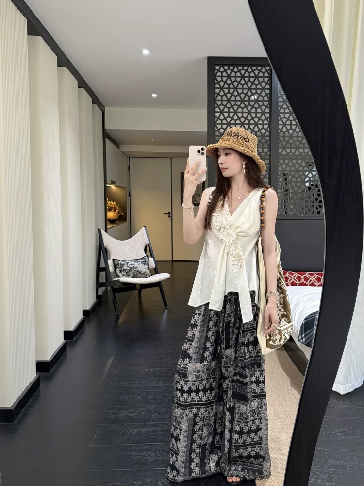 Pantalones anchos de algodón y seda para mujer, pantalones casuales de rayón, suaves y cómodos con efecto drapeado, pantalones de dormir para mujer.