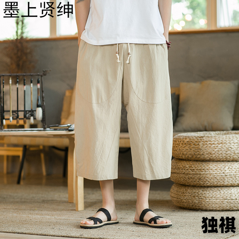 Pantalones cortos de lino Pantalones cortos de pierna ancha sueltos y delgados de estilo chino para hombres Pantalones cortos casuales de algodón y lino de gran tamaño de verano juvenil