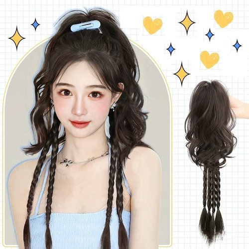 Sweet and Cool Style Boxing Braided Fake High Ponytail Female Waterfall Fluffy Curly Half-Ponytail with Integrated Clip-in Ponytail