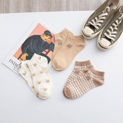 Socks for girls: ankle socks for spring and autumn, cute teddy bear, grid pattern, popular long socks, Japanese school style, INS trendy cotton socks
