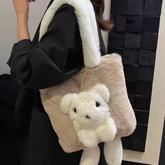 跨境新款毛绒小熊托特包时尚简约女士毛毛单肩手提包大容量通勤手