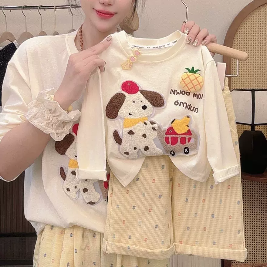 2025新亲子装儿童T恤套装彩虹波点格子裤夏季短袖长袖T恤中大童可