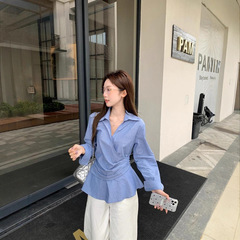 法式条纹翻领长袖衬衫女2025秋季新款设计感小众收腰显瘦气质上衣