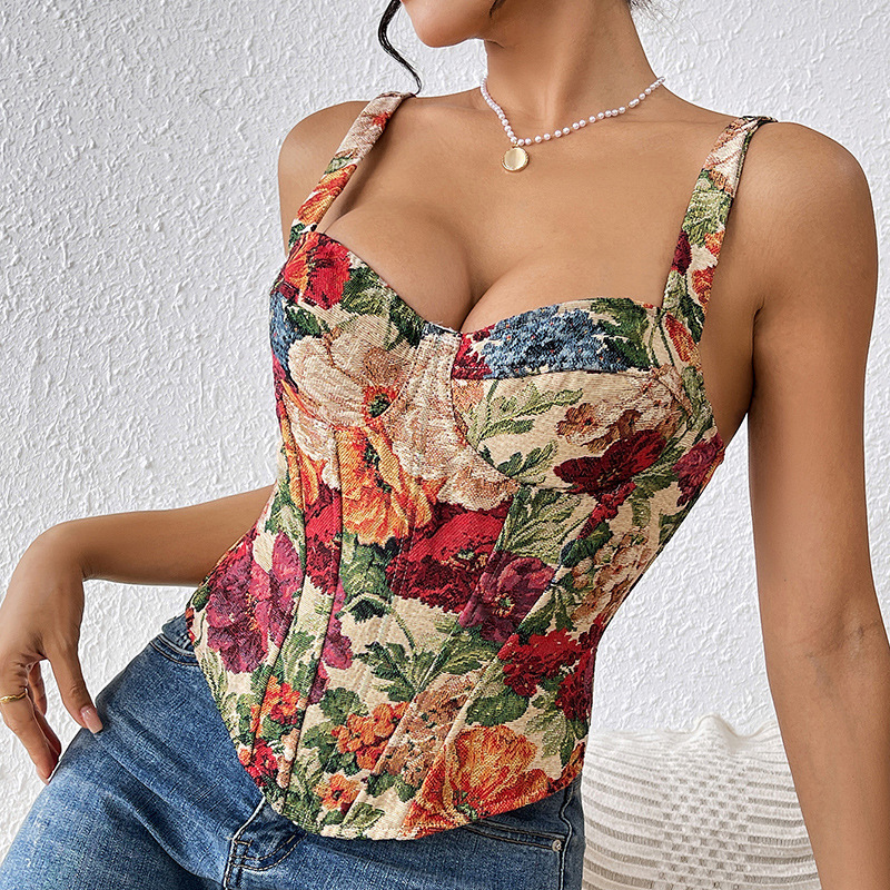 Canotta donna retro floreale slim fit bustier corsetto top_voghion.com