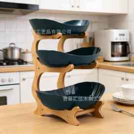 木质三层陶瓷水果盘 家用下午茶点心盘 客厅茶几干果零食收纳架