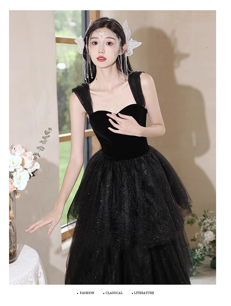 Đầm dạ hội đen lệch vai dáng chữ A thanh lịch — đen chi tiết 6