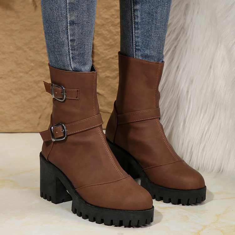 Big size thick heel boots women's autumn and winter fashion belt buckle explosive short boots cotton boots fashion boots_voghion.com