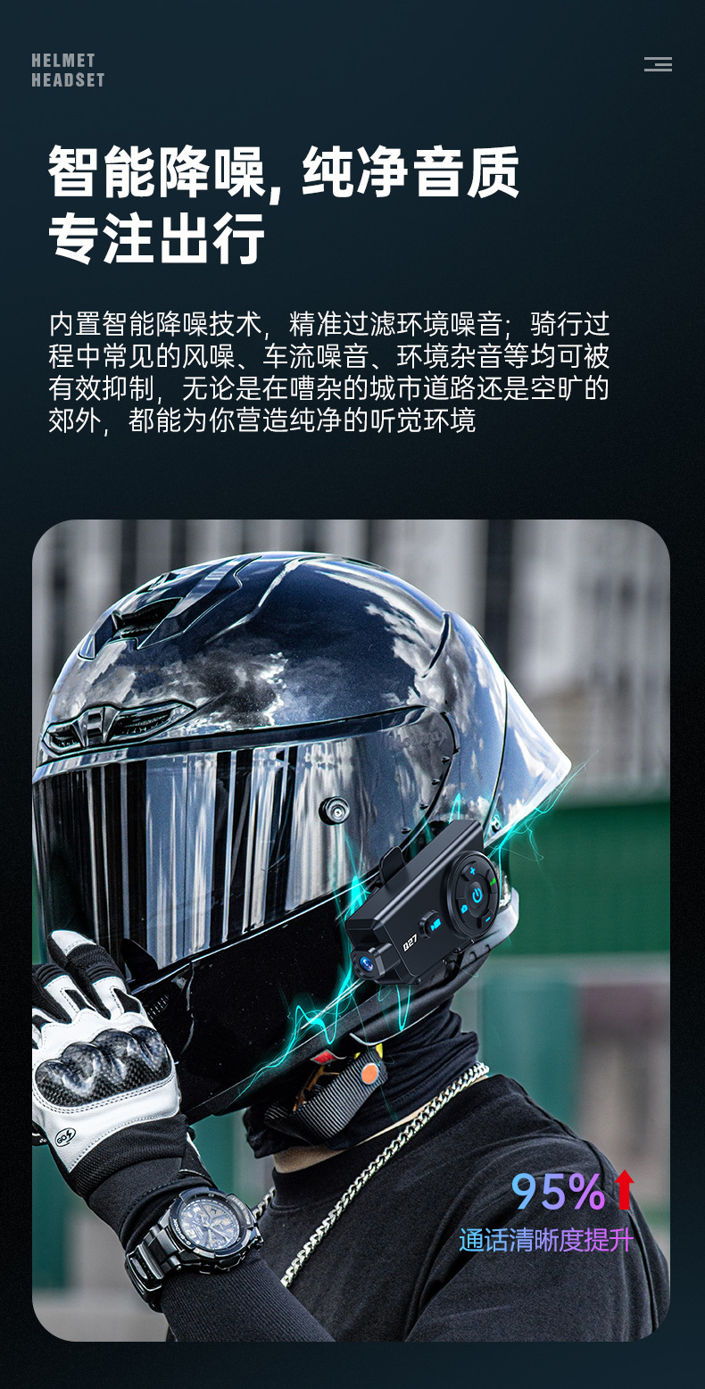 Q27 Driving Recorder Helmet Bluetooth Headset Waterproof Cross-Brand Intercom Music Sharing Mixing Helmet Headset