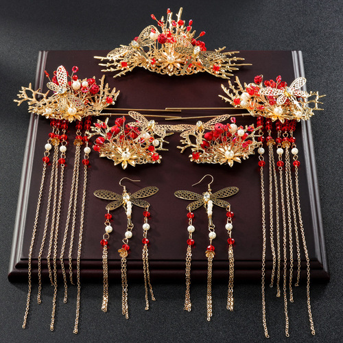  New Arrival Chinese-Style Wedding Headdress with Tassels—Elegant, Face-Slimming Bridal Tiara in Traditional Style