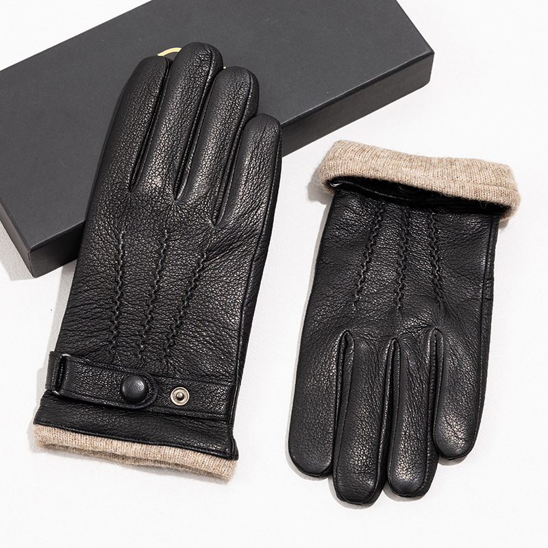 Men's Riding Gloves Men's Imitation Deerskin Three-track Snaps Gloves for Adults Simple Black Winter Riding All-match