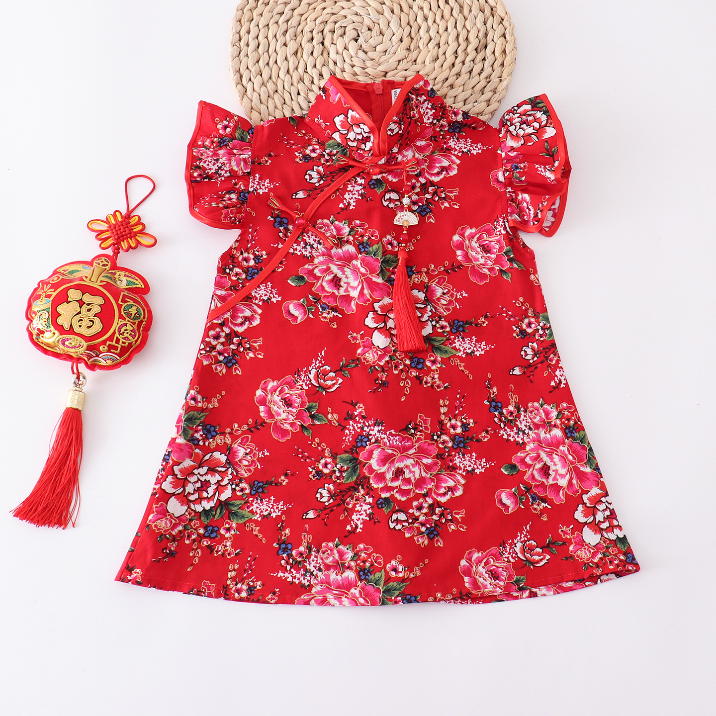 Girls' Improved Cheongsam with Flying Sleeves, Red Background with Gold Floral Pattern, Chinese Style Buttoned Tang Suit for Children, Baby's First Birthday and New Year Celebration Dress, Wholesale