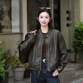 韩版甜酷风立领皮衣女2026秋季通勤复古显瘦百搭短款机车夹克外套