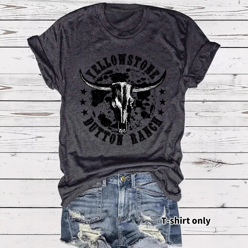 Cross-Border Short-Sleeved Yellowstone Bull Skull Dutton Ranch Print Round Neck Loose Short-Sleeved Casual T-Shirt Wholesale Cross-Border Short-Sleeved Yellowstone Bull Skull Dutton Ranch Print Round Neck Loose Short-Sleeved Casual T-Shirt Wholesale