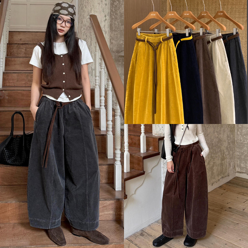 Vintage Corduroy Curved-Leg Pants for Women, Autumn 2026 New High-Waisted Petite Casual Loose Lazy Style Wide-Leg Pants Vintage Corduroy Curved-Leg Pants for Women, Autumn 2026 New High-Waisted Petite Casual Loose Lazy Style Wide-Leg Pants