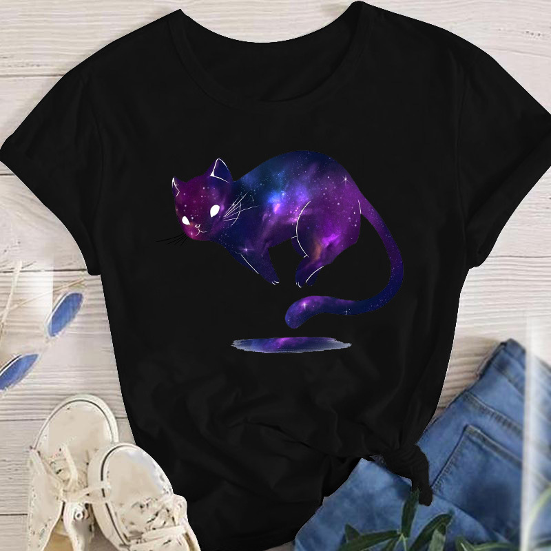 Comfort Function Regular Fit Fit Type Cat, Flower Pattern Summer Season Wholesale Women'S Fashion Cat Flower Short Sleeve Printing T-Shirts