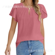 24亚马逊女式正装休闲衬衫V 领褶皱郁金香袖衬衫夏季商务工作上衣