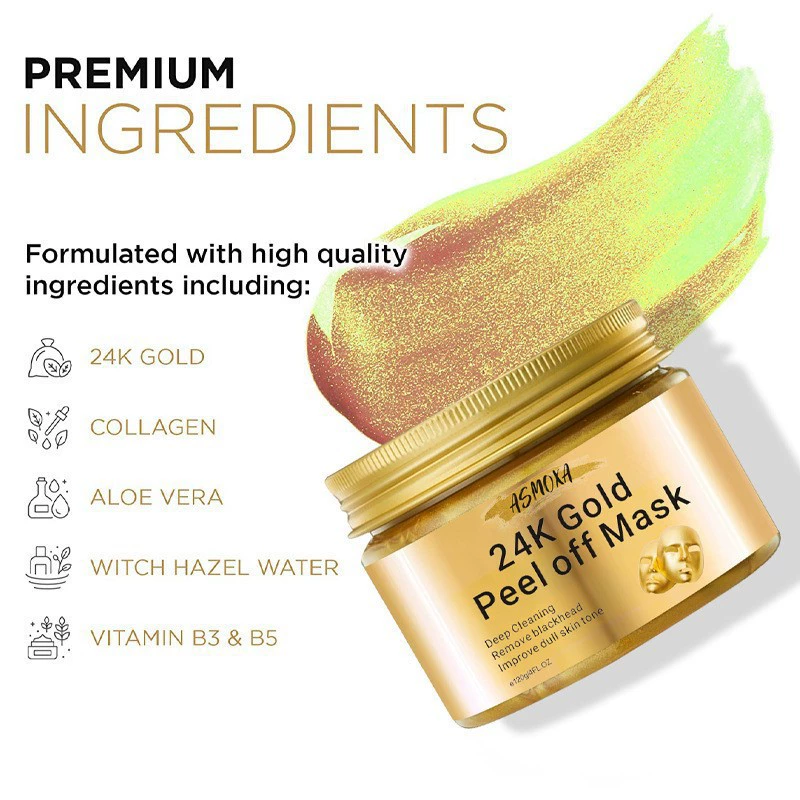 Съемная маска лица 24K Gold Peel Off: обновляющая, разглаживает кожу, удаляет акне и черные точки