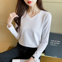 【Just JS】纯棉V领长袖T恤女士秋季新款宽松遮肚上衣藏肉打底衫