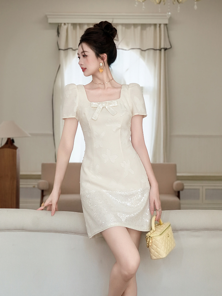 Đầm ôm body nữ cổ vuông thắt nơ kiểu Pháp mùa hè — mơ