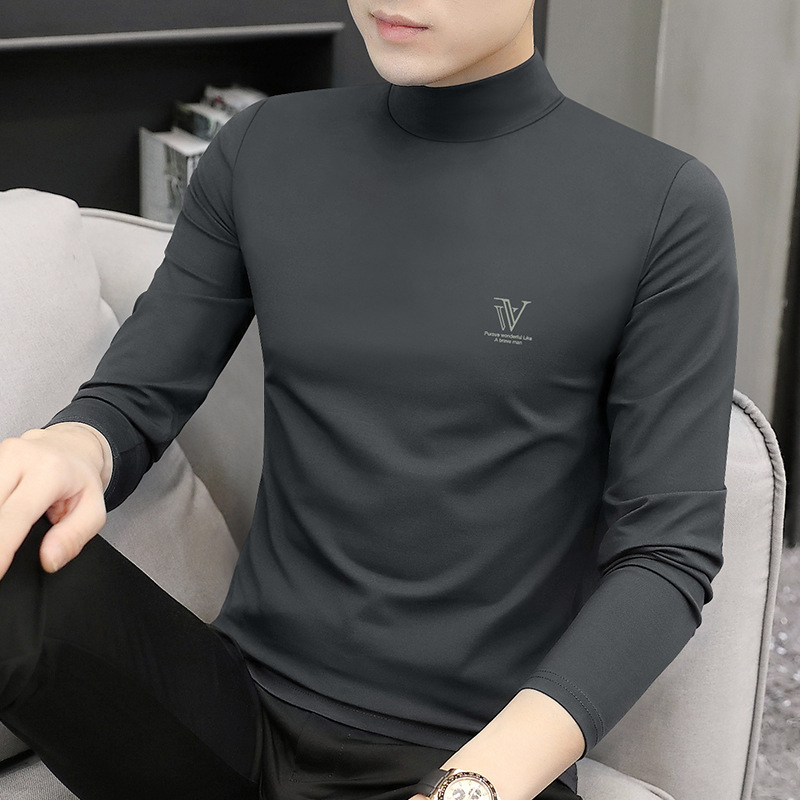 실크라이트 모달 코튼 남성 긴팔 티셔츠 하프 터틀넥 이너웨어 슬림핏 상의 다용도 레터 프린트