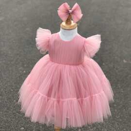 儿童礼服裙亚马逊跨境女童纯色婚纱公主裙批发新款演出走秀蓬蓬裙