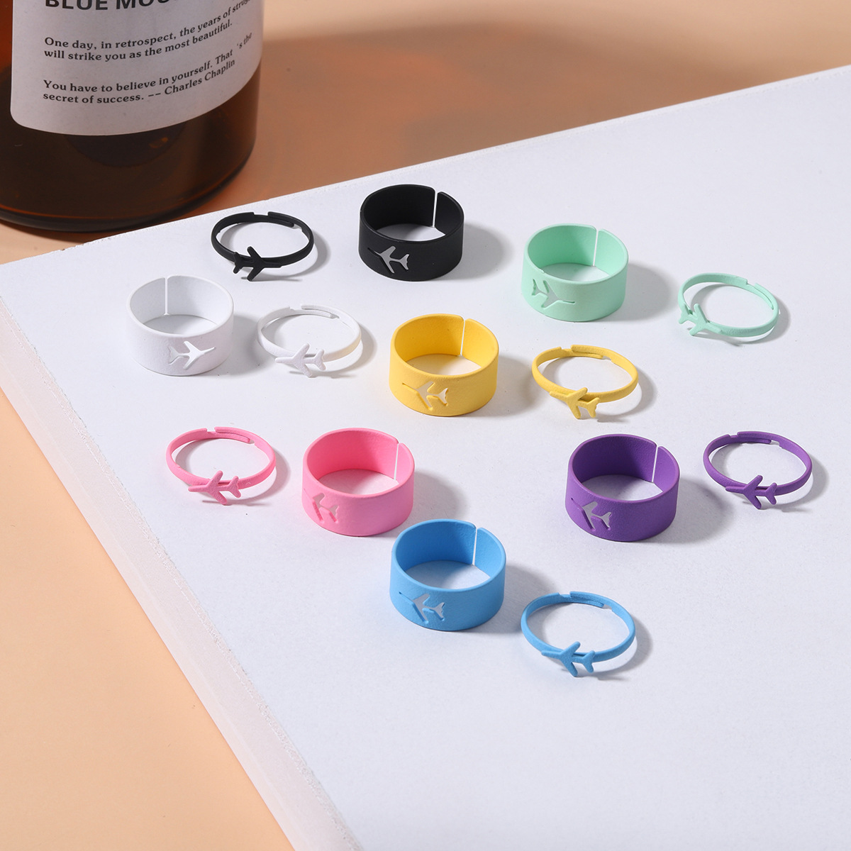 Cartoon Candy Color Paint Creative Small Aircraft Pattern Open Ring Set