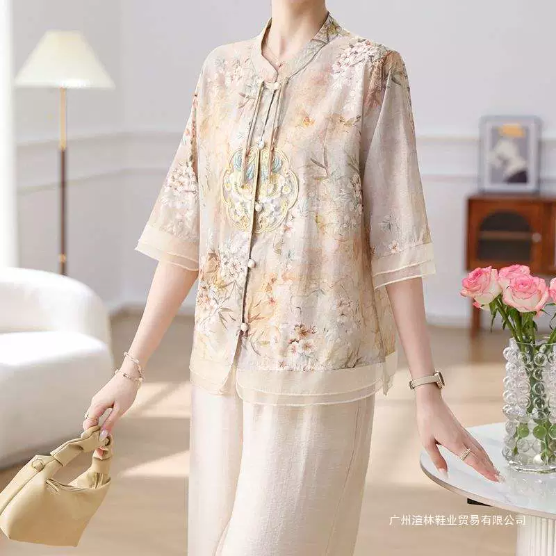 Новый стильный летний наряд для мам, рубашка в китайском ретро-стиле, модный женский кардиган среднего возраста, топ и брюки, комплект из двух предметов.